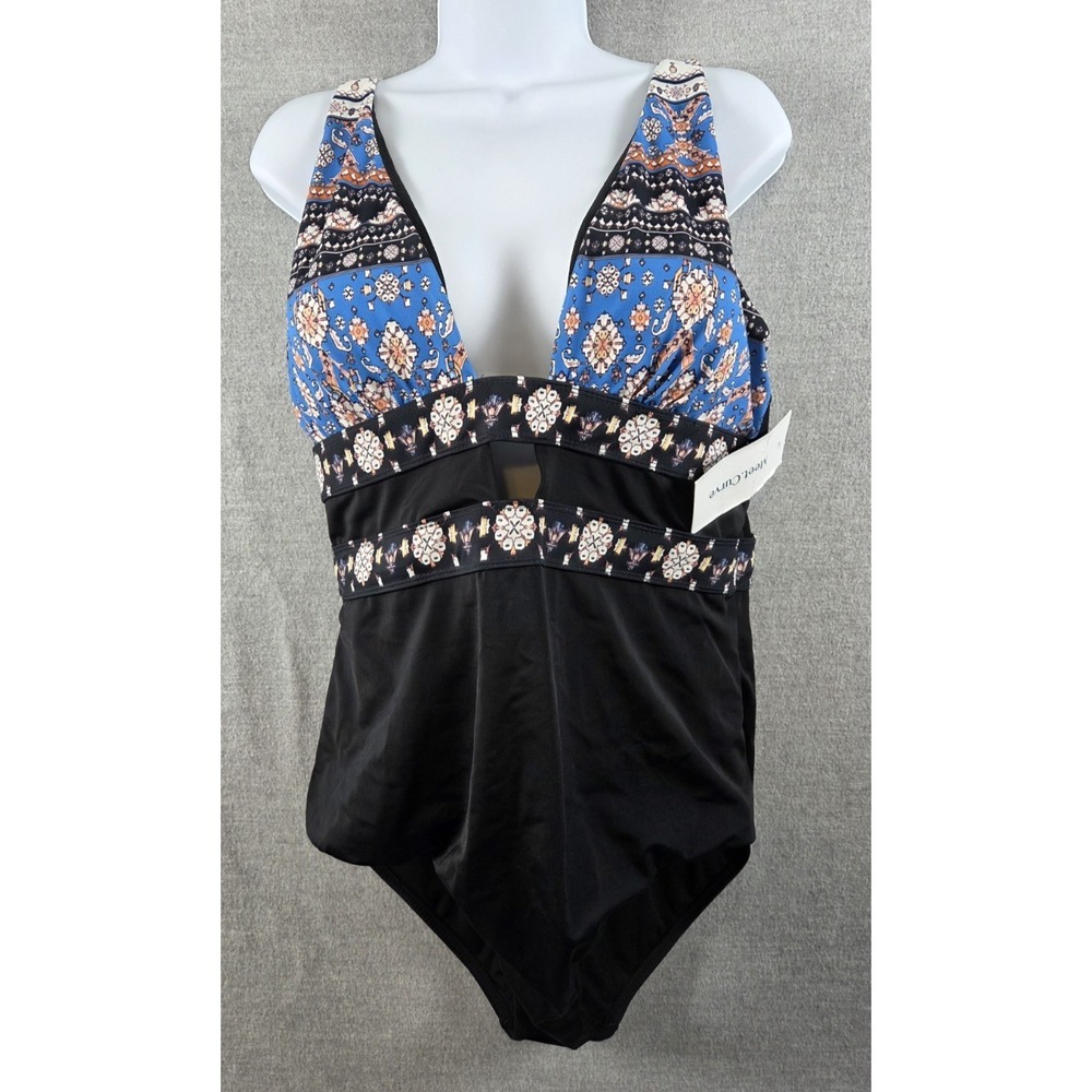 Meet Curve Women's XL Blue Black Boho Printed CutOut One-Piece Swimsuit NEW